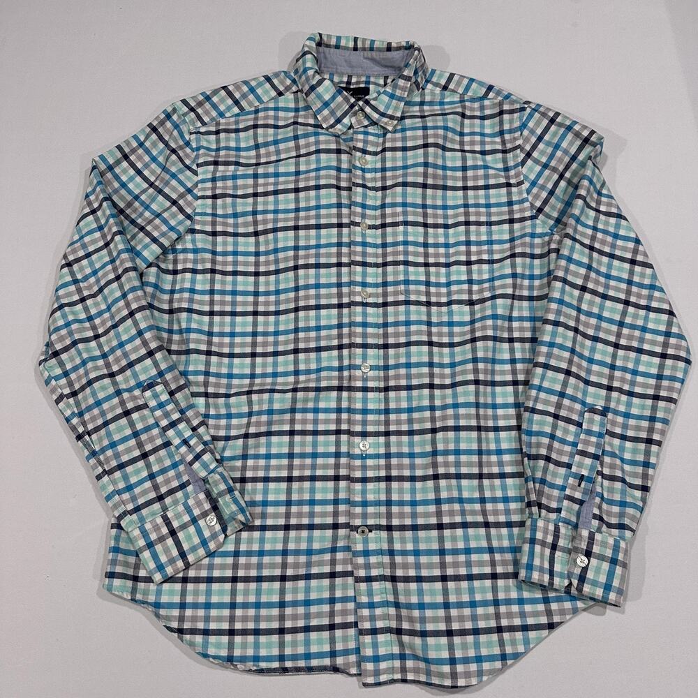 American Eagle Shirt L Blue Green White Plaid Button Up Long Sleeve Cotton FLAW